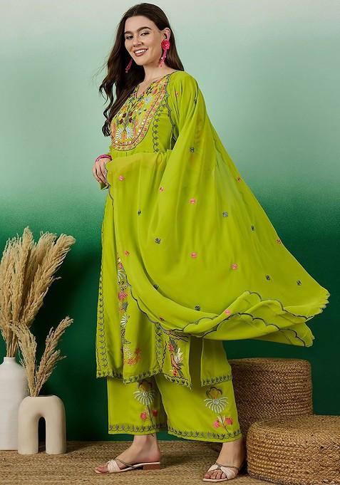 Lime Green Embroidered Georgette Kurta Set
