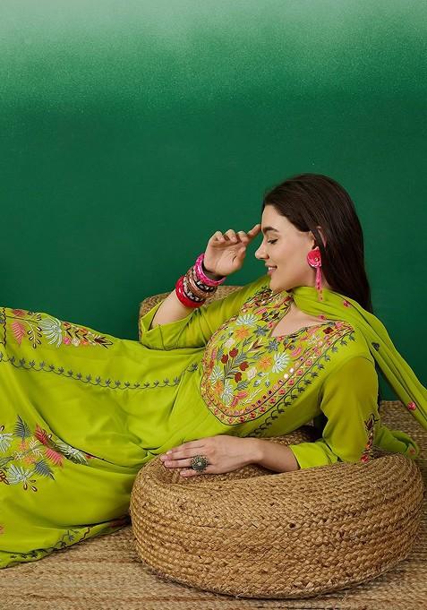 Lime Green Embroidered Georgette Kurta Set