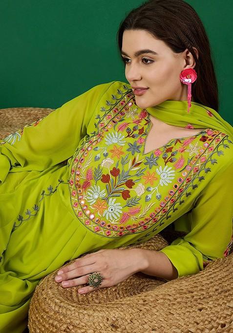 Lime Green Embroidered Georgette Kurta Set