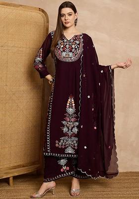 Burgundy Embroidered Poly Blend Kurta Set