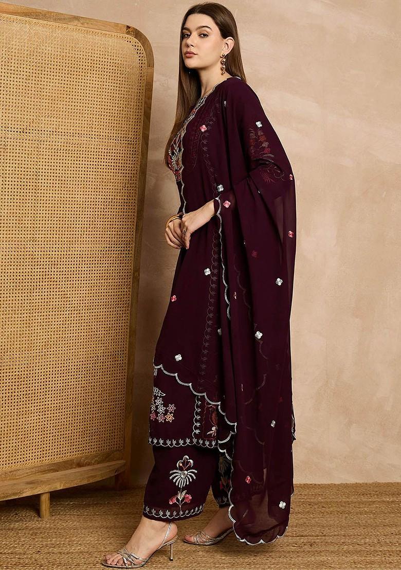 Burgundy Embroidered Poly Blend Kurta Set
