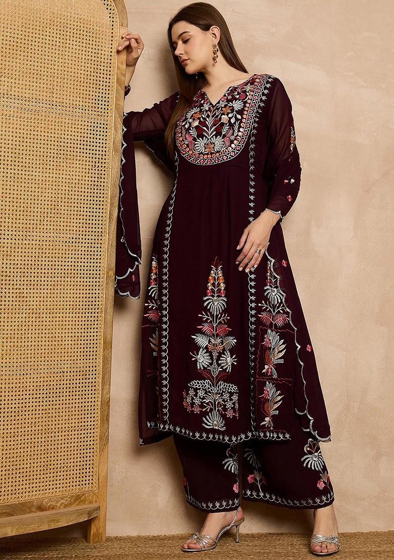 Burgundy Embroidered Poly Blend Kurta Set
