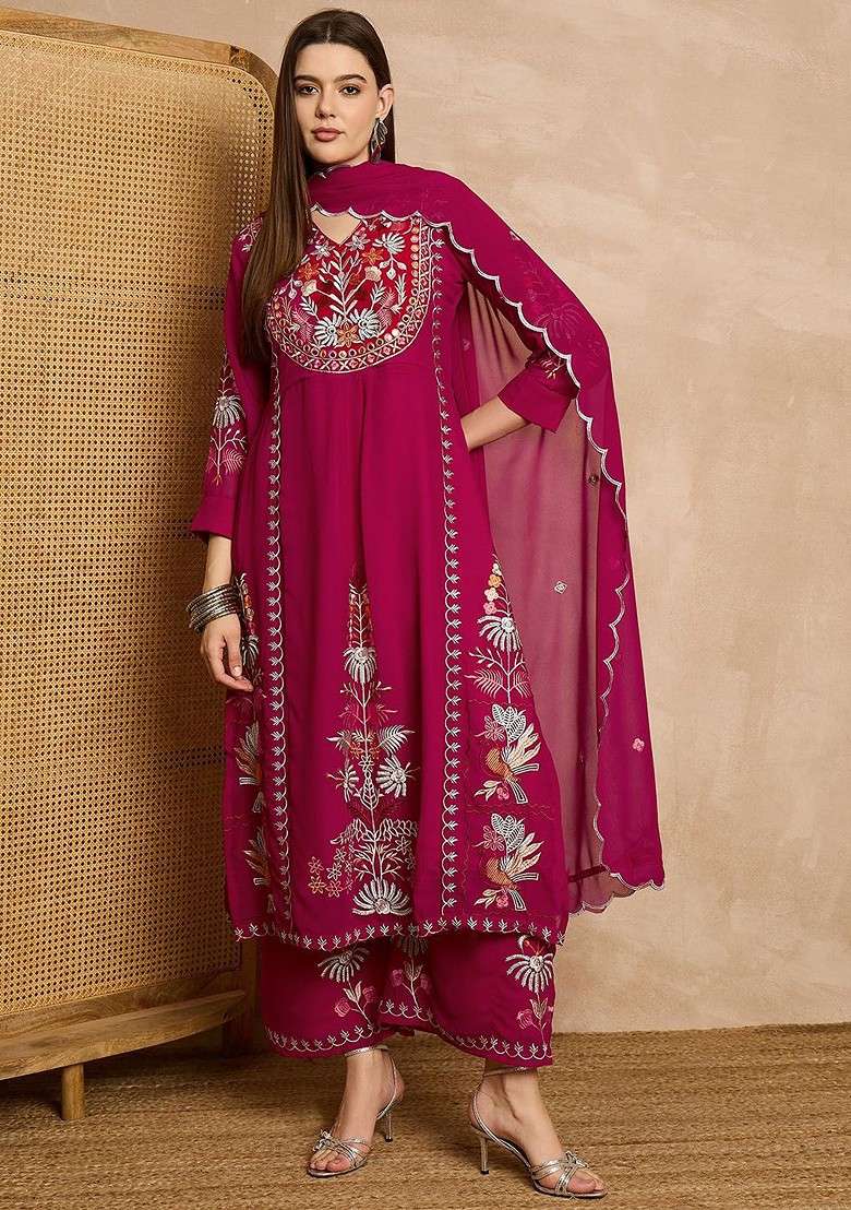 Pink Embroidered Georgette Straight Kurta Set - Indya