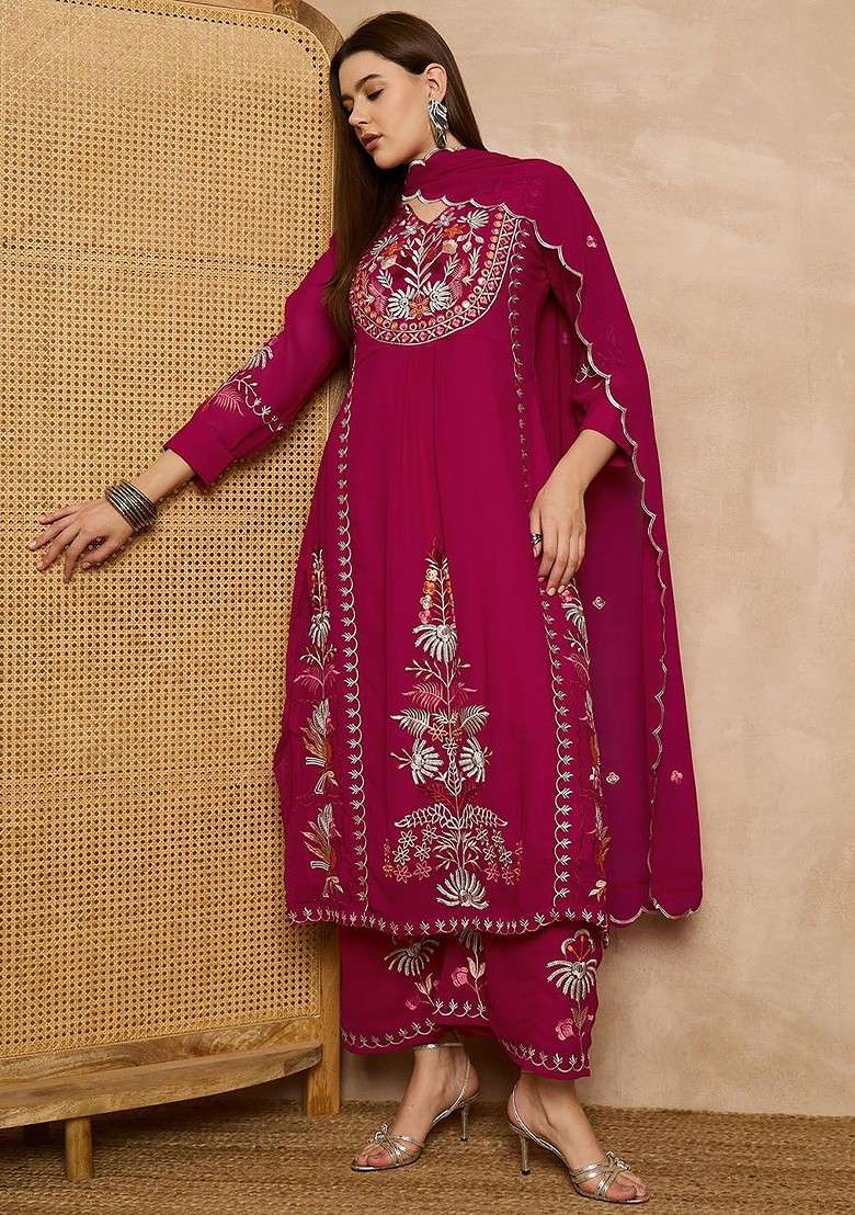 Pink Embroidered Georgette Straight Kurta Set - Indya