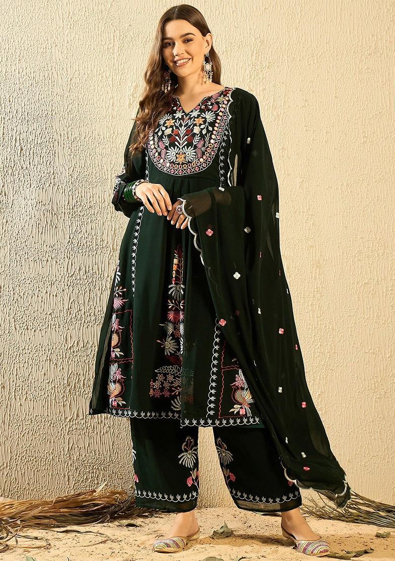 Green Embroidered Georgette Kurta Set