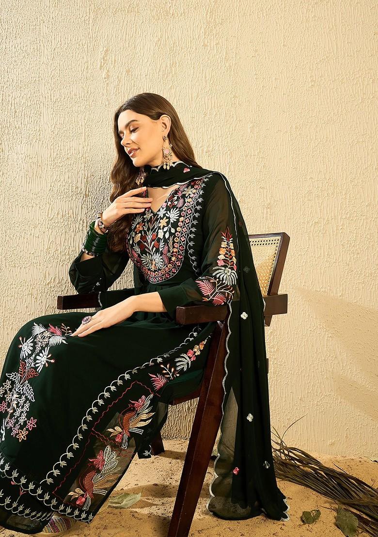 Green Embroidered Georgette Kurta Set