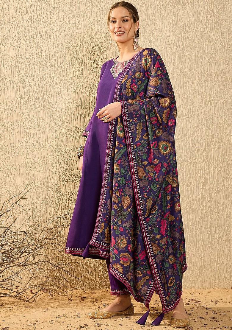 Purple Embroidered Silk Kurta Set