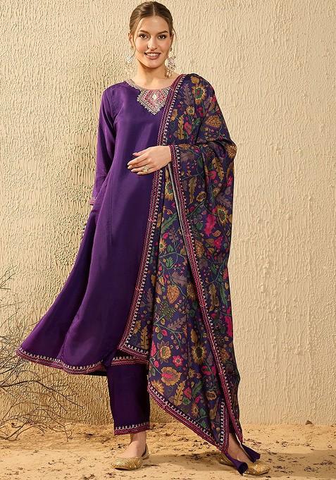 Purple Embroidered Silk Kurta Set