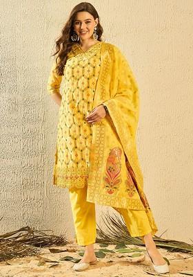 Yellow Floral Print Chanderi Kurta Set