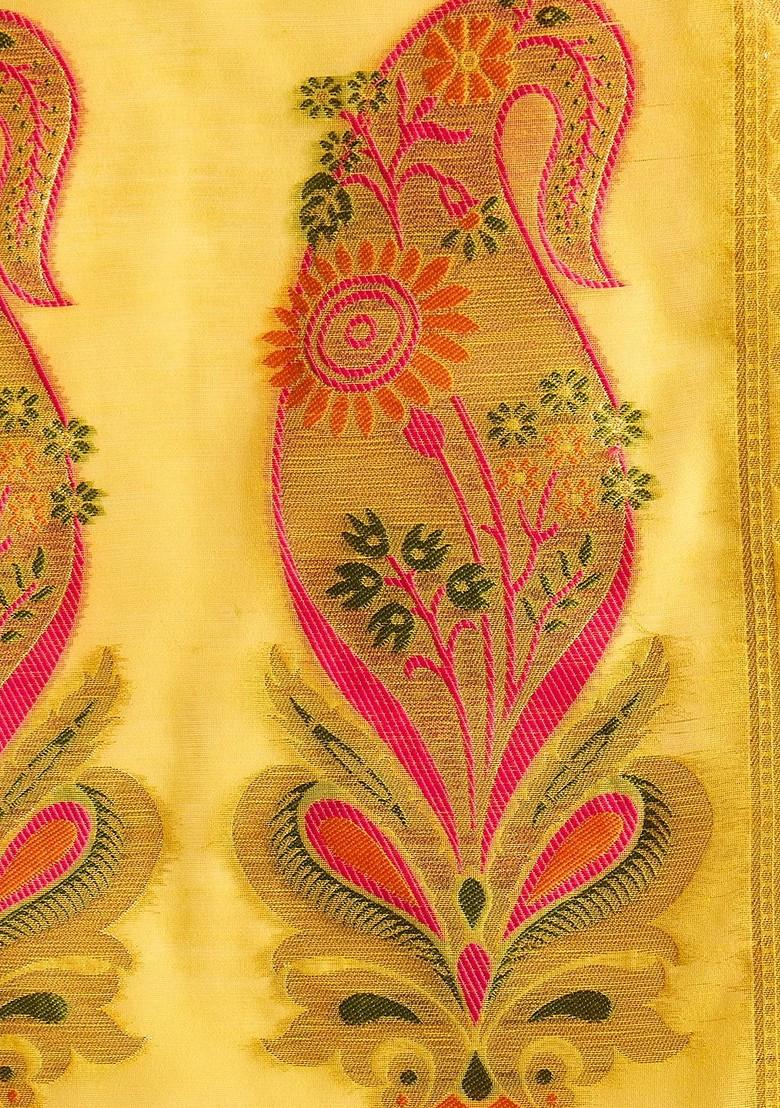 Yellow Floral Print Chanderi Kurta Set