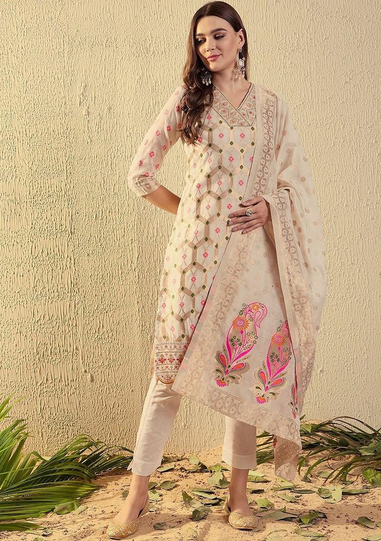 Cream Woven Chanderi Kurta Set