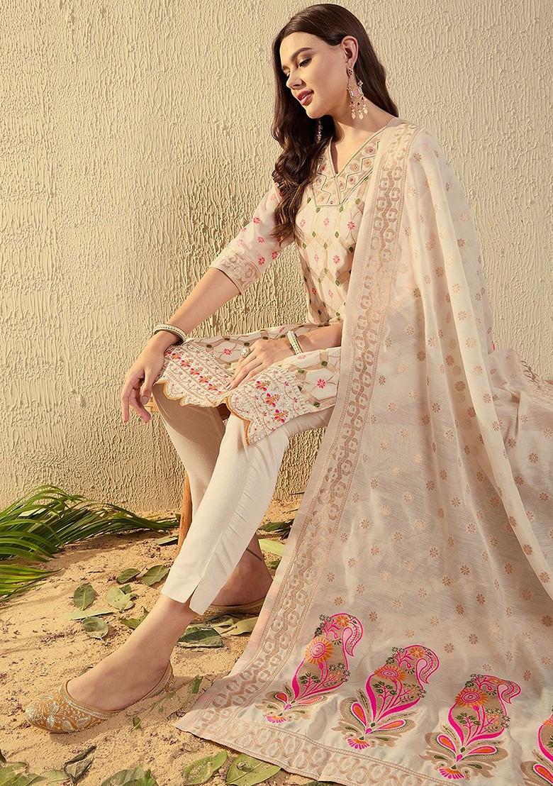 Cream Woven Chanderi Kurta Set