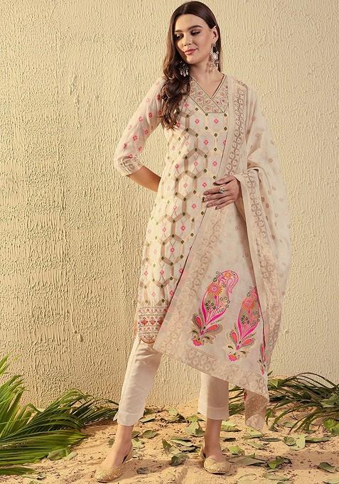 Cream Woven Chanderi Kurta Set