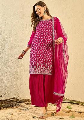 Pink Embroidered Poly Blend Kurta Set