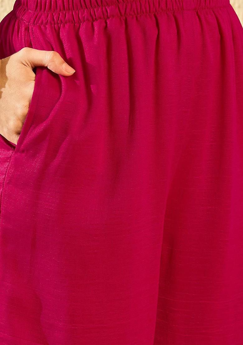 Pink Embroidered Poly Blend Kurta Set