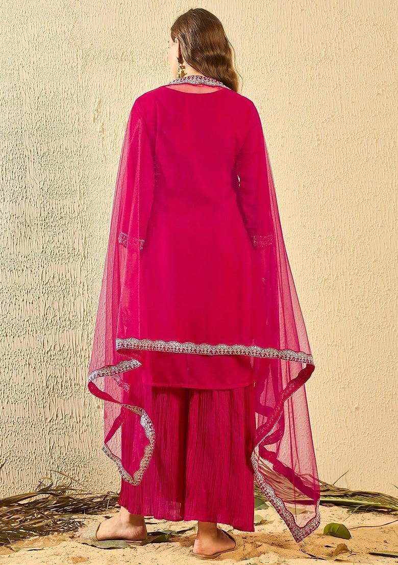 Pink Embroidered Poly Blend Kurta Set