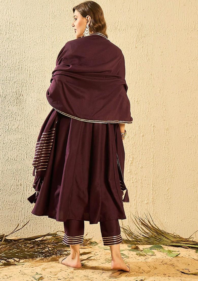 Burgundy Embroidered Silk Kurta Set