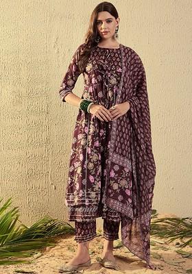 Brown Floral Print Cotton Kurta Set