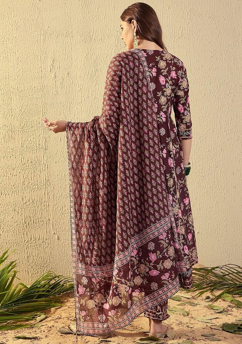 Brown Floral Print Cotton Kurta Set