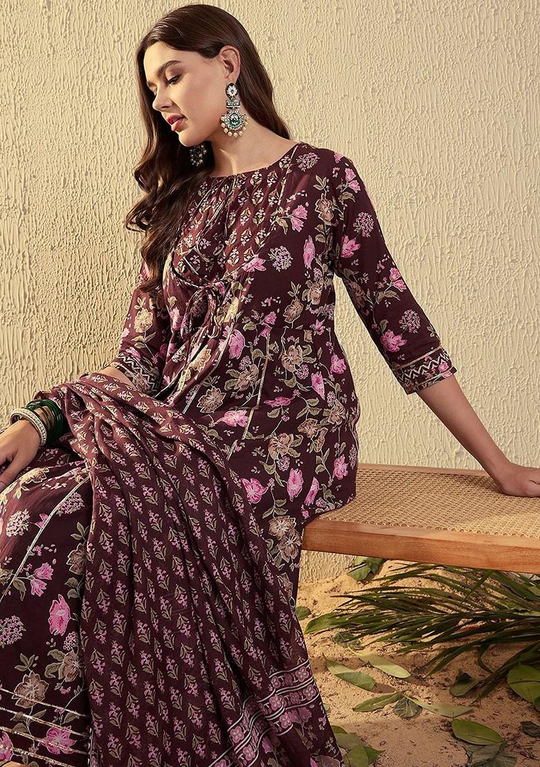 Brown Floral Print Cotton Kurta Set