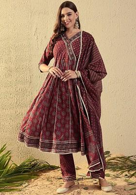 Rust Floral Print Cotton Kurta Set With Dupatta