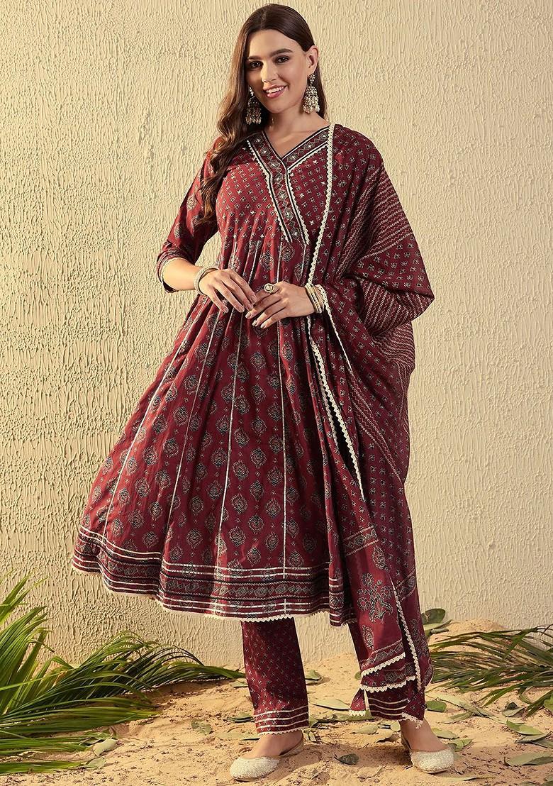 Rust Floral Print Cotton Kurta Set
