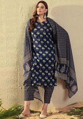Blue Floral Print Cotton Kurta Set