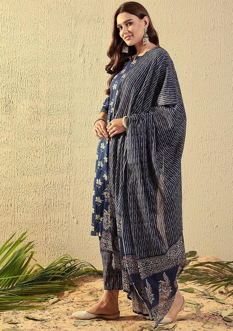 Blue Floral Print Cotton Kurta Set