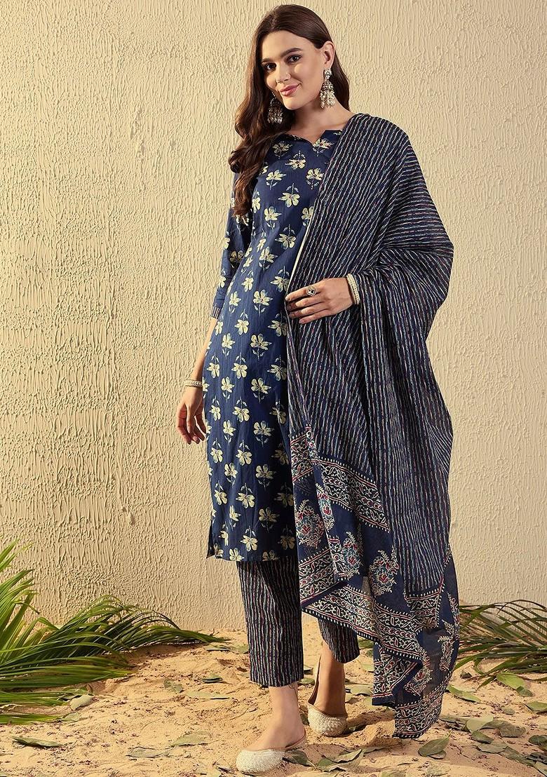 Blue Floral Print Cotton Kurta Set