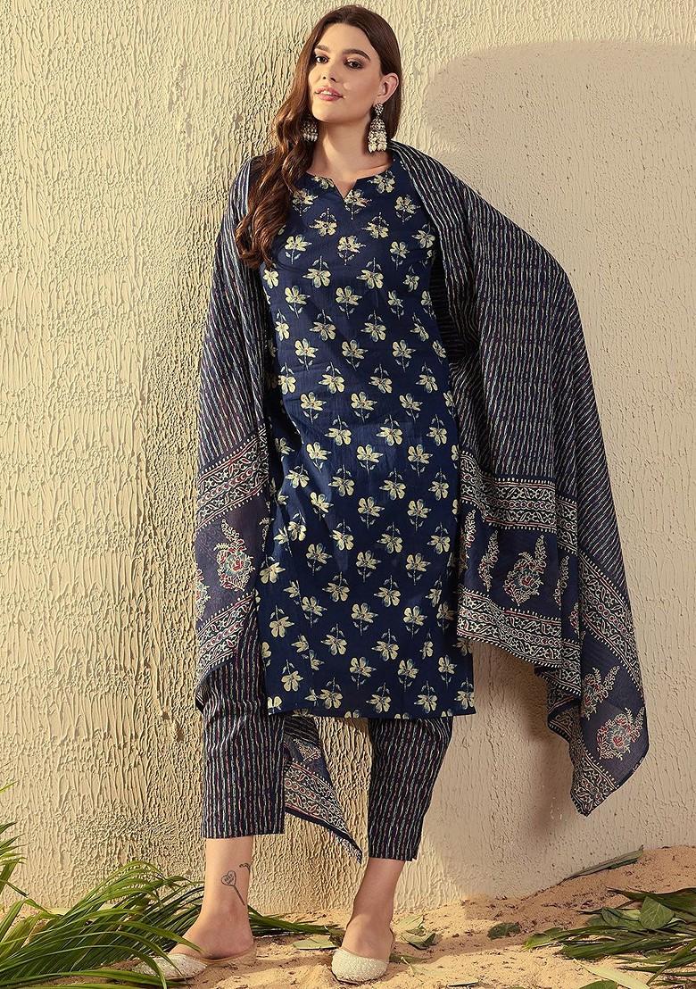 Blue Floral Print Cotton Kurta Set