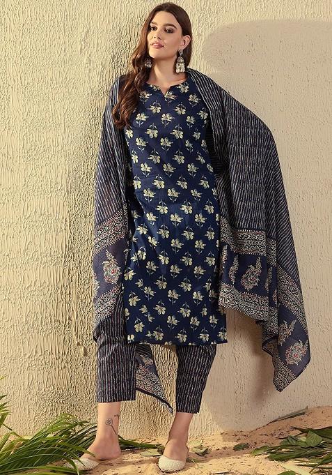 Blue Floral Print Cotton Kurta Set