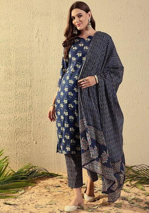 Blue Floral Print Cotton Kurta Set