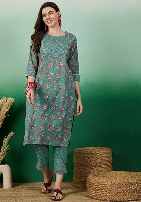Turquoise Blue Floral Print Cotton Kurta Set