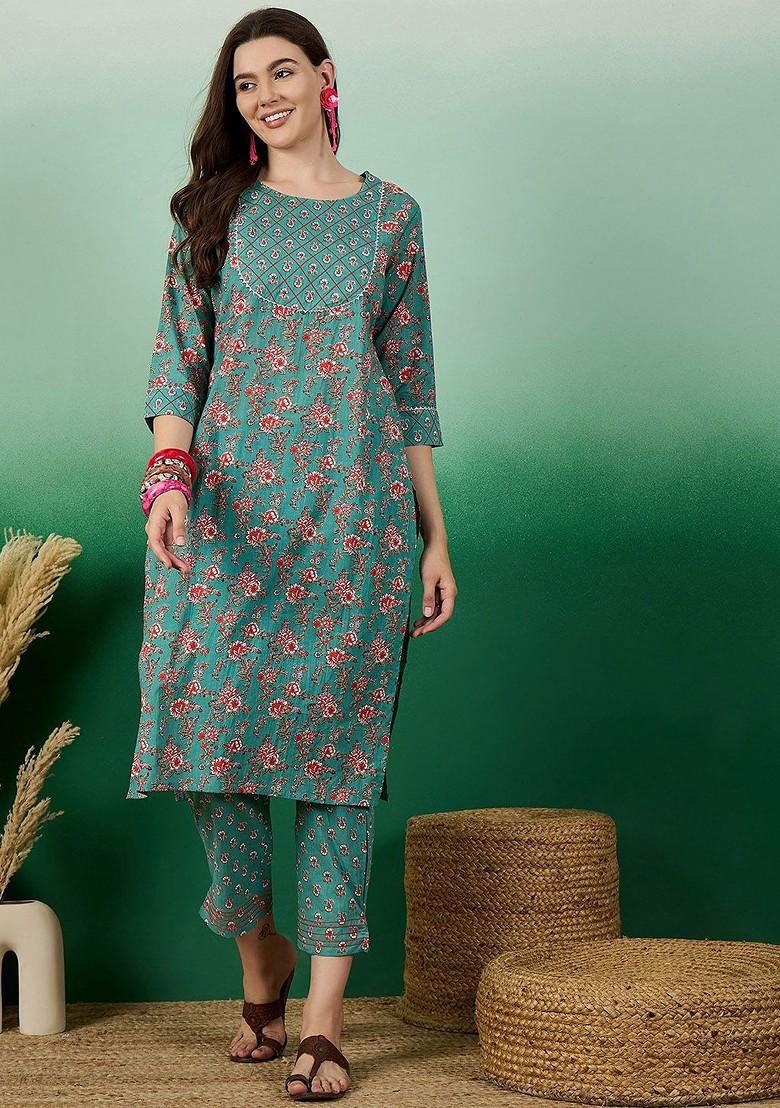 Turquoise Blue Floral Print Cotton Kurta Set