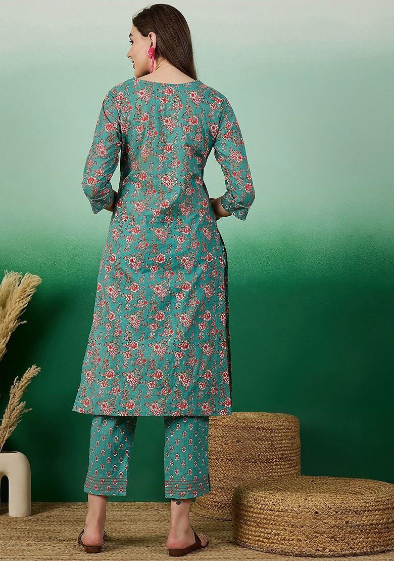 Turquoise Blue Floral Print Cotton Kurta Set