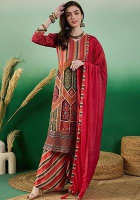 Red Embroidered Poly Blend Kurta Set