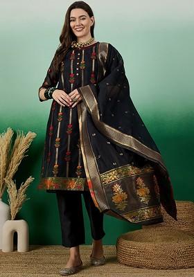 Black Woven Chanderi Kurta Set