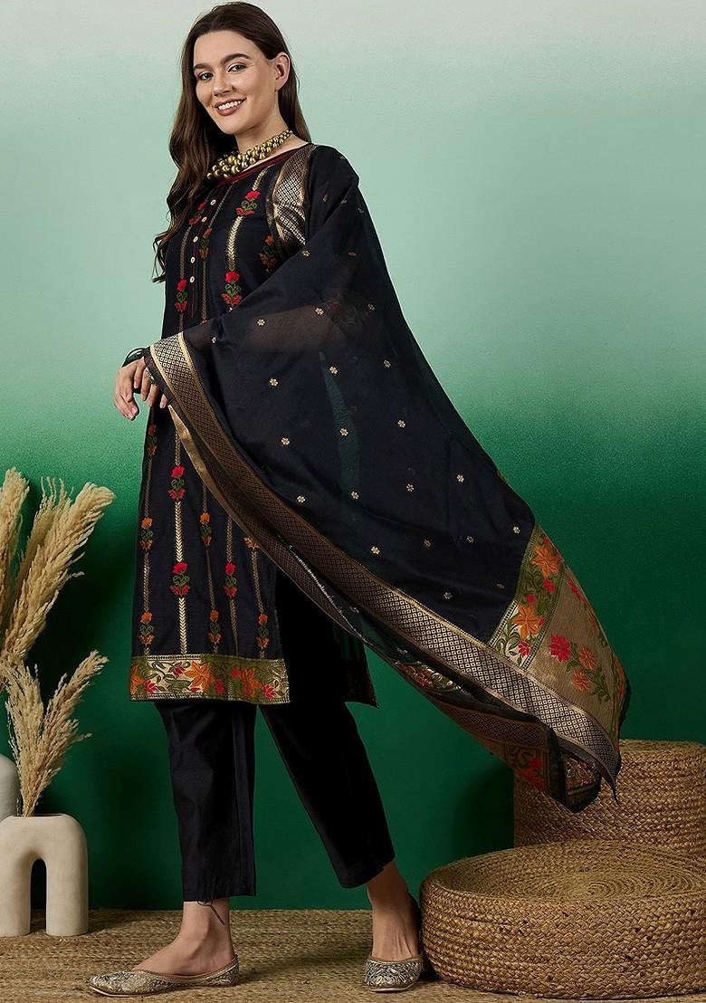 Black Woven Chanderi Kurta Set