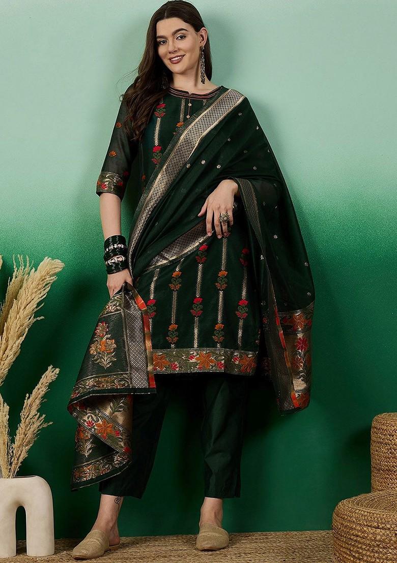 Green Woven Chanderi Kurta Set