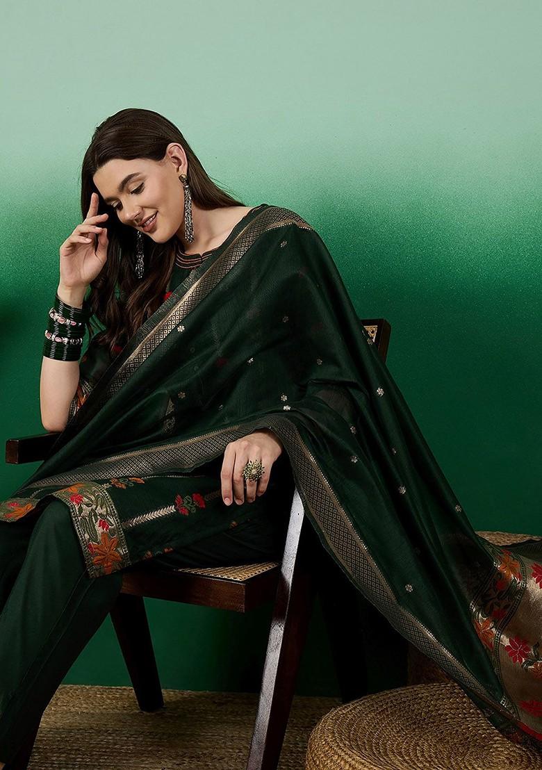 Green Woven Chanderi Kurta Set With Dupatta