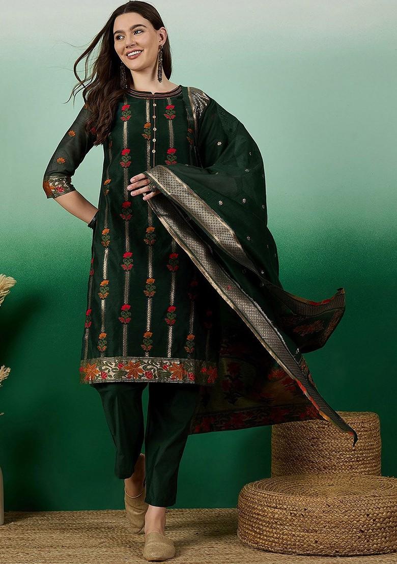 Green Woven Chanderi Kurta Set With Dupatta