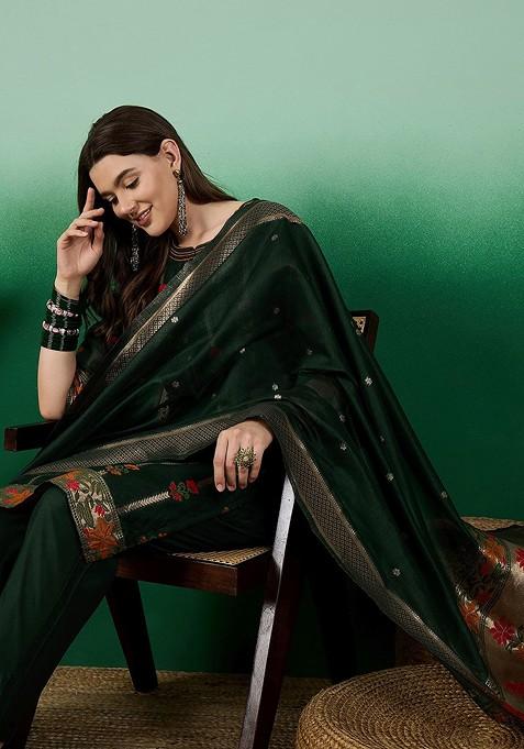 Green Woven Chanderi Kurta Set With Dupatta
