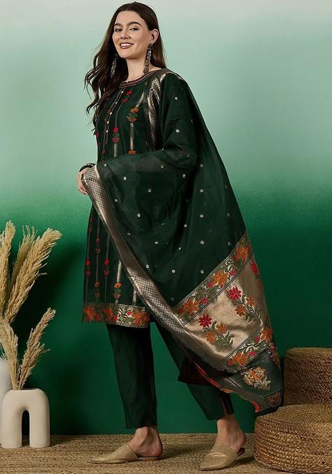 Green Woven Chanderi Kurta Set With Dupatta