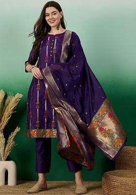 Purple Woven Chanderi Kurta Set