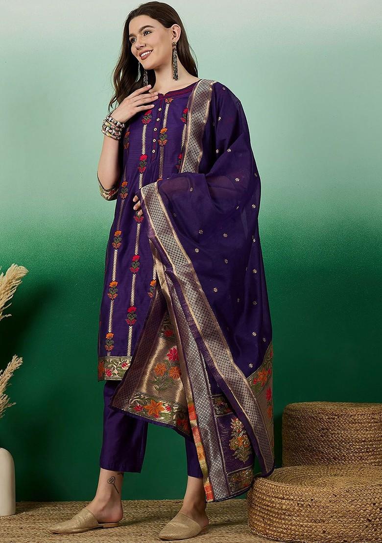 Purple Woven Chanderi Kurta Set