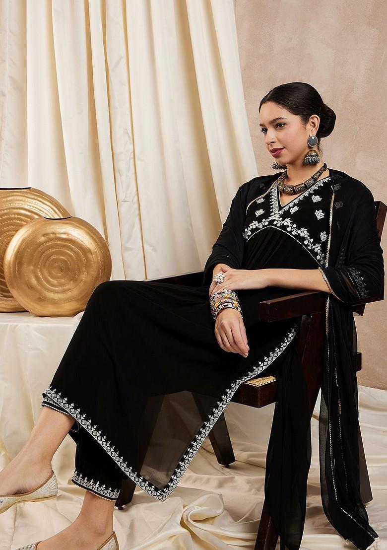 Black Embroidered Poly Blend Kurta Set