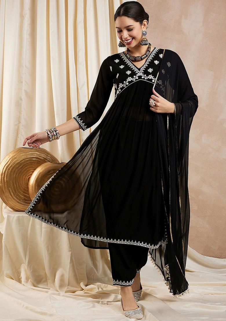 Black Embroidered Poly Blend Kurta Set