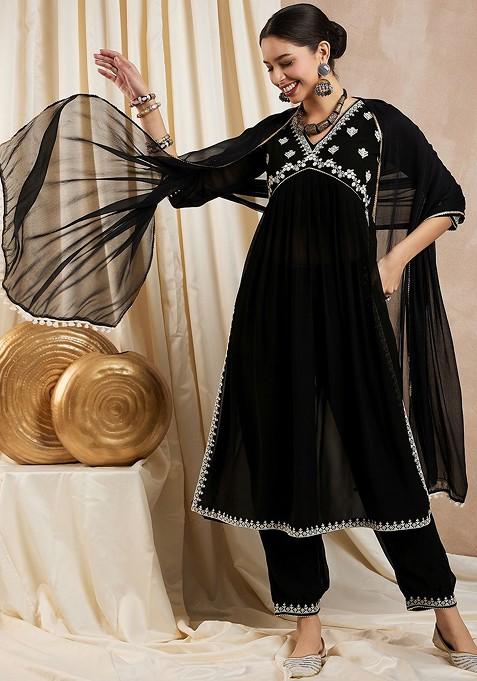 Black Embroidered Poly Blend Kurta Set