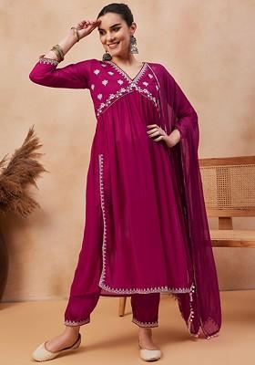 Pink Embroidered Poly Blend Kurta Set