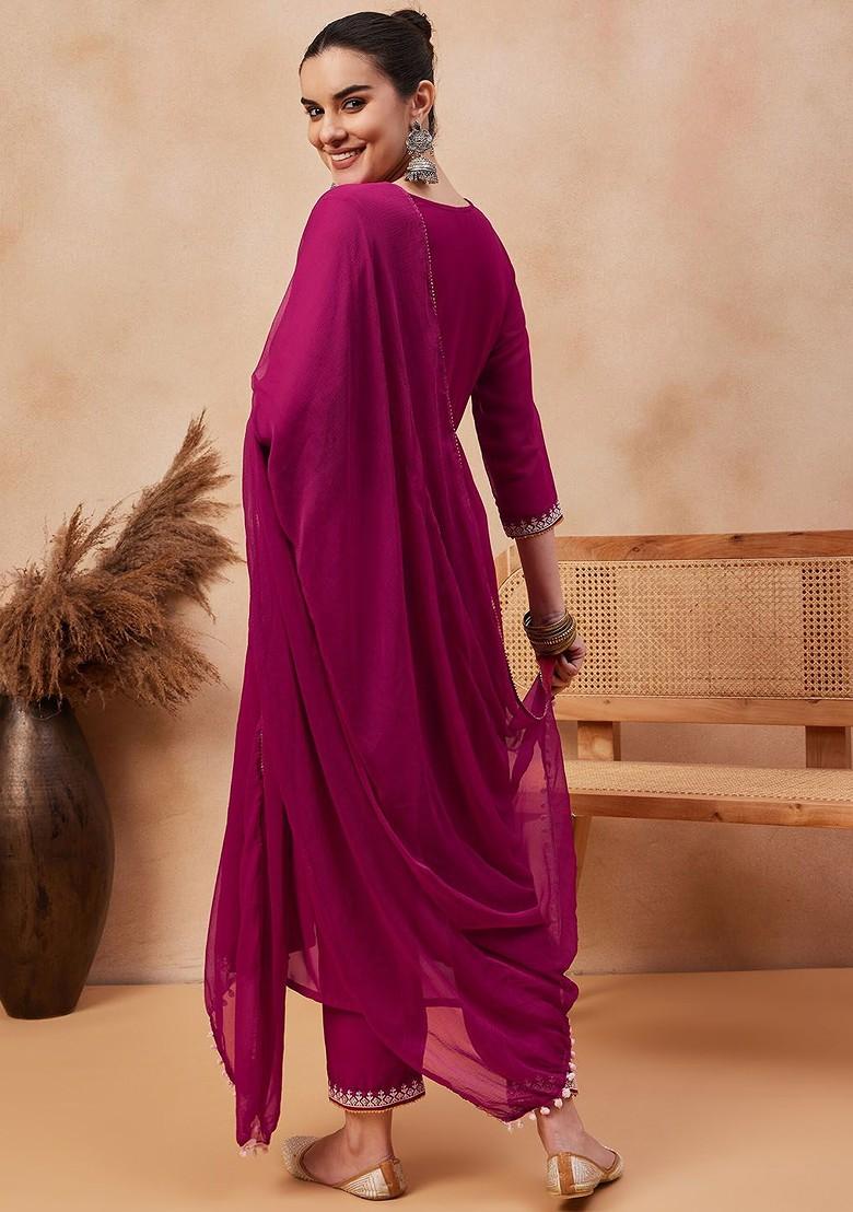 Pink Embroidered Poly Blend Kurta Set